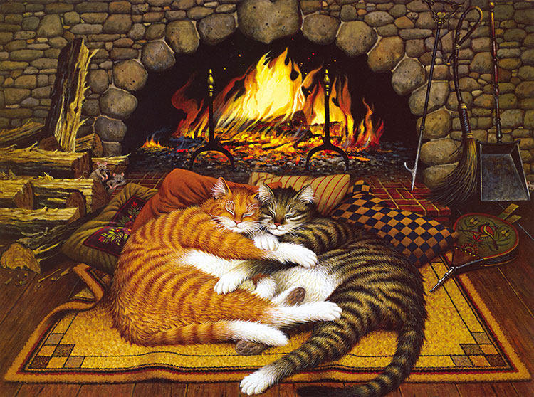 波西米亚猫系列: 火炉边睡觉的两只猫