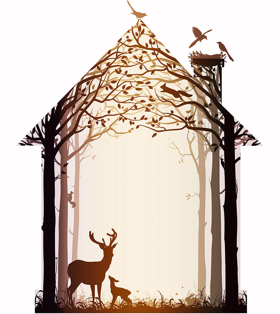 现代高清麋鹿装饰画,北欧风格麋鹿画大图下载,麋鹿一家,麋鹿与小鸟