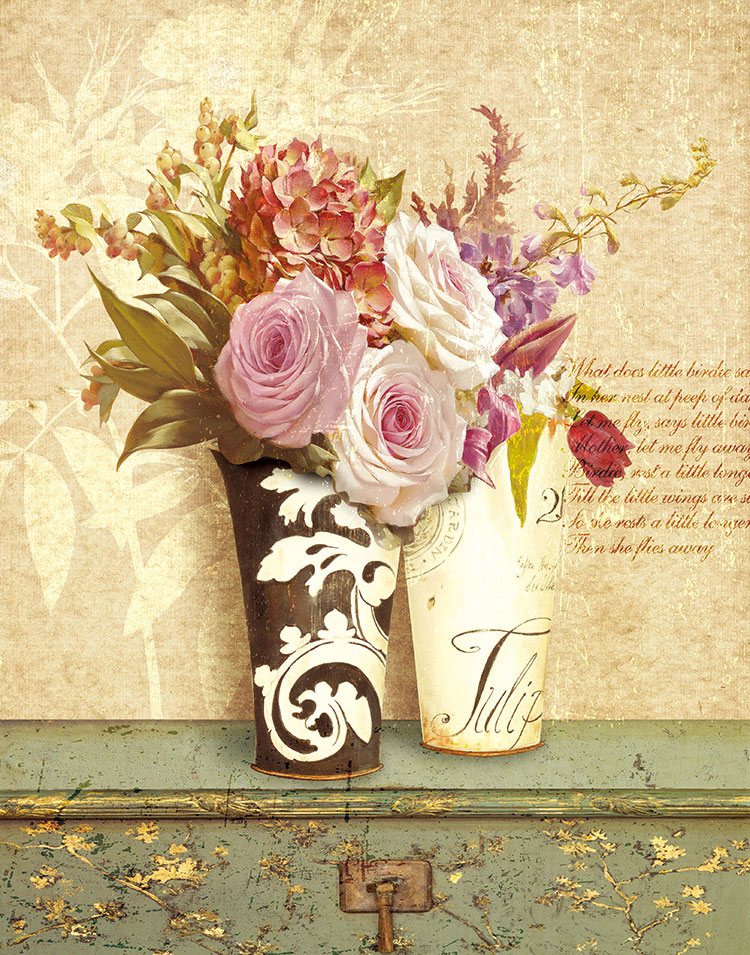 欧式复古装饰画素材: 玫瑰花瓶花 B