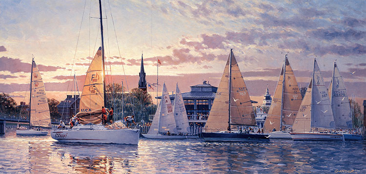 码头帆船风景油画