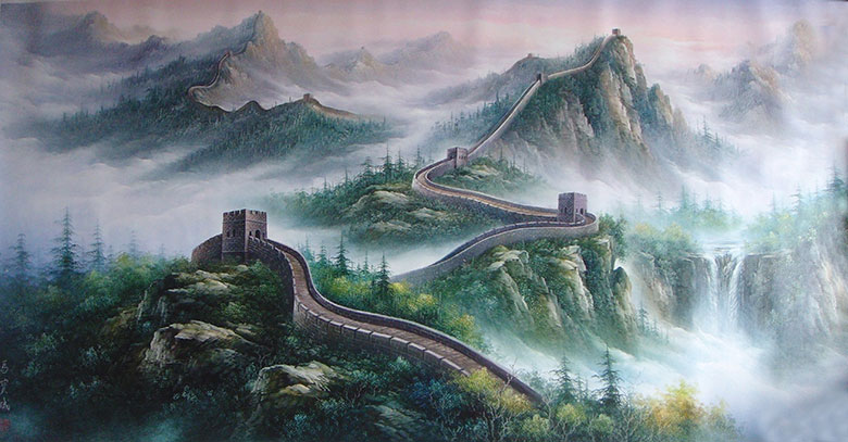 中式山水风景油画素材下载: 长城刀画, 万里长城油画欣赏 E