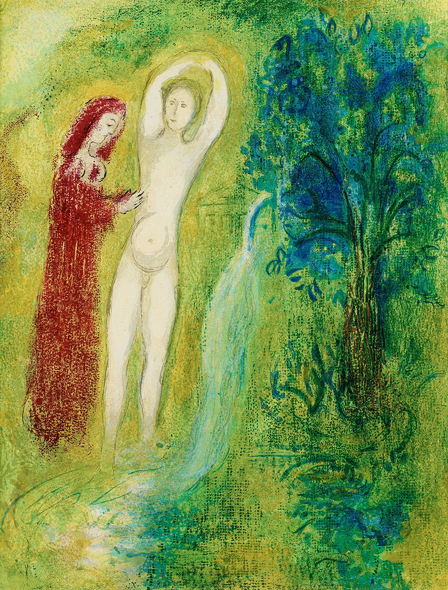 夏加尔油画作品赏析  红衣女和裸体男人