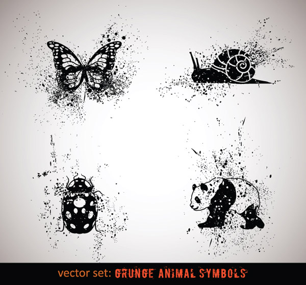 墨迹动物画 泼墨动物装饰画 黑白动物高清素材:蝴蝶,蜗牛,熊猫,甲壳虫