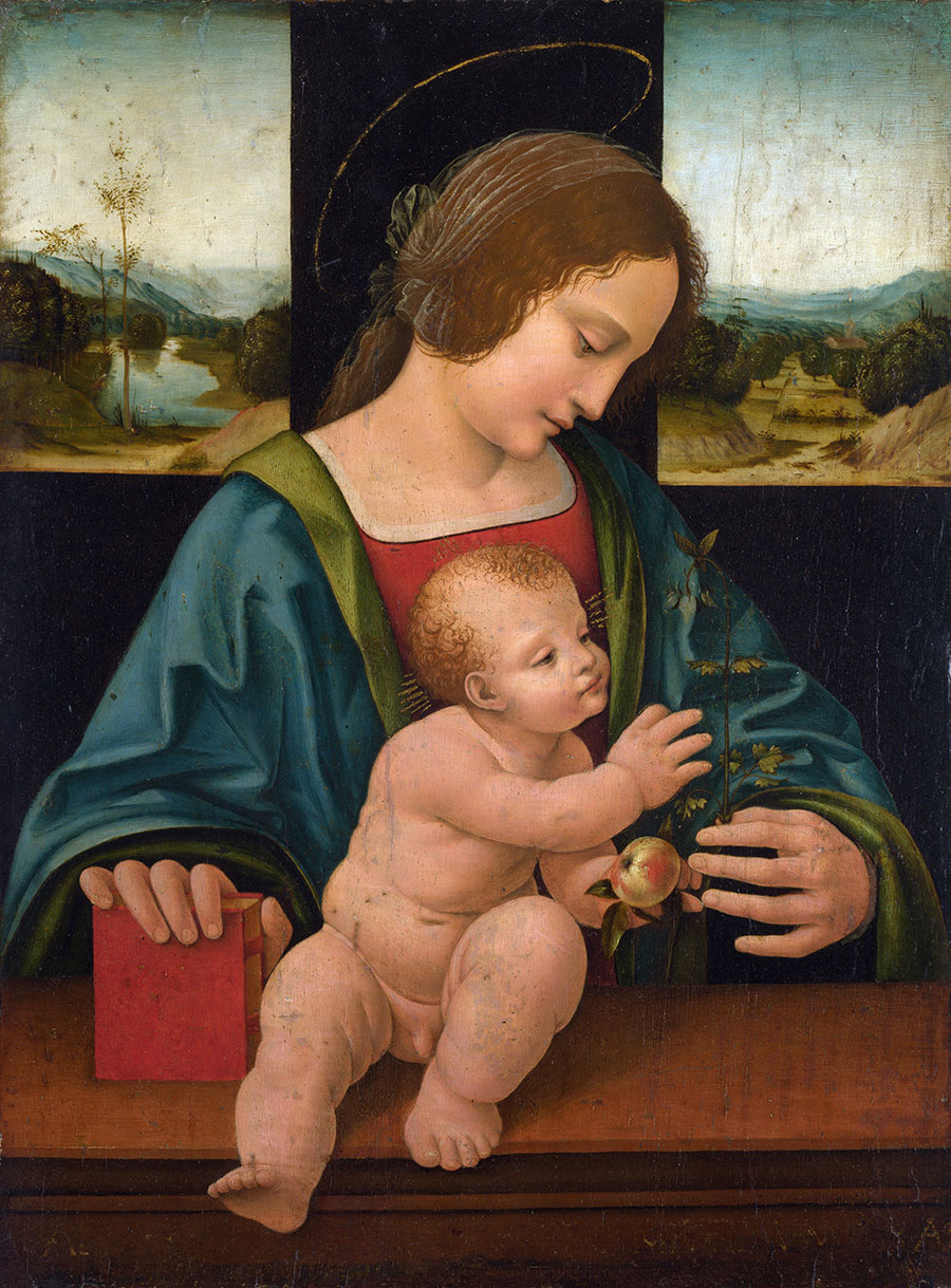 达芬奇作品  圣母与婴儿 玩桃子的婴儿 高清油画下载