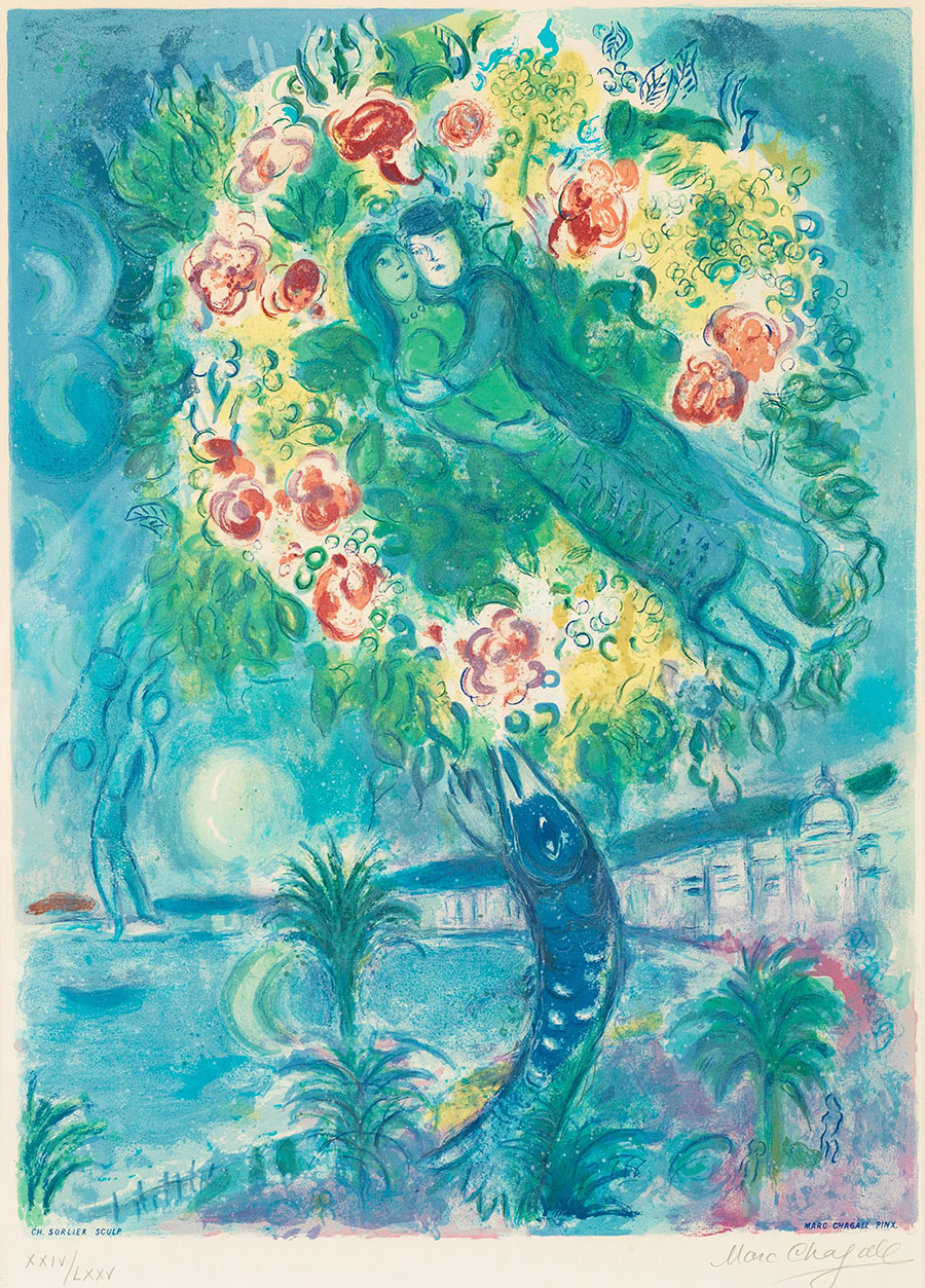 夏加尔油画作品: 空中花海里的情侣  高清大图下载