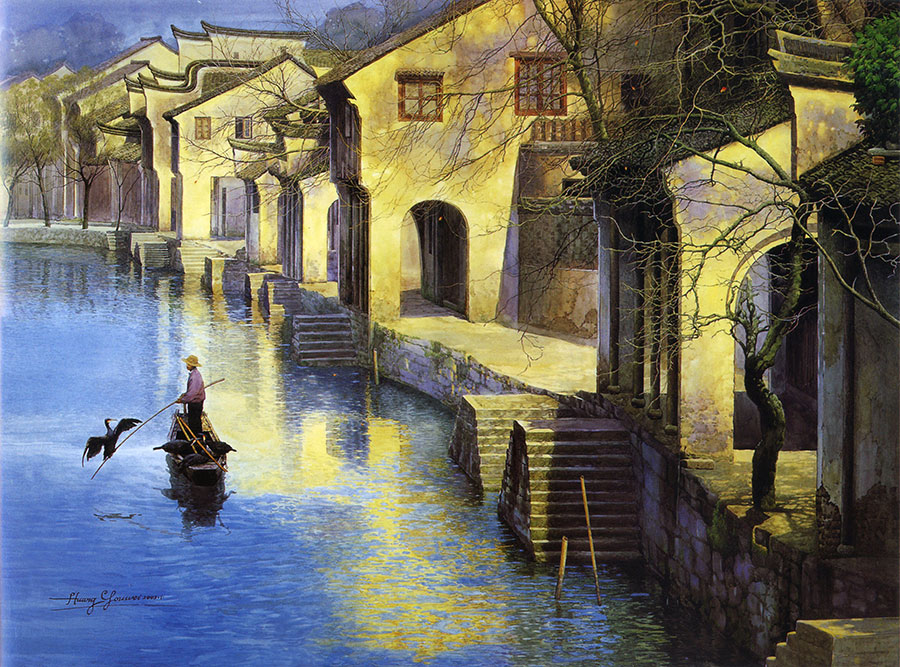 江南渔船风景画  小河中捕鱼的渔民水彩画高清图片素材