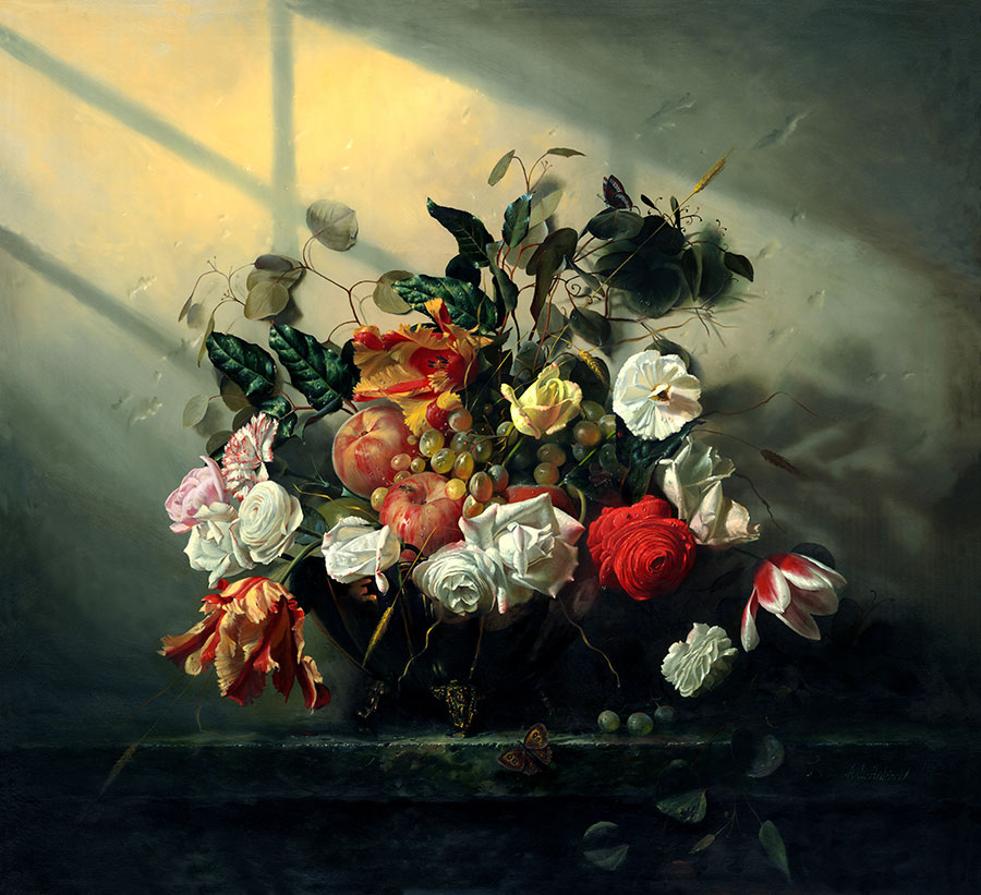 阿列克谢安东诺夫油画作品: 桌子上的百花盆油画欣赏 花卉油画