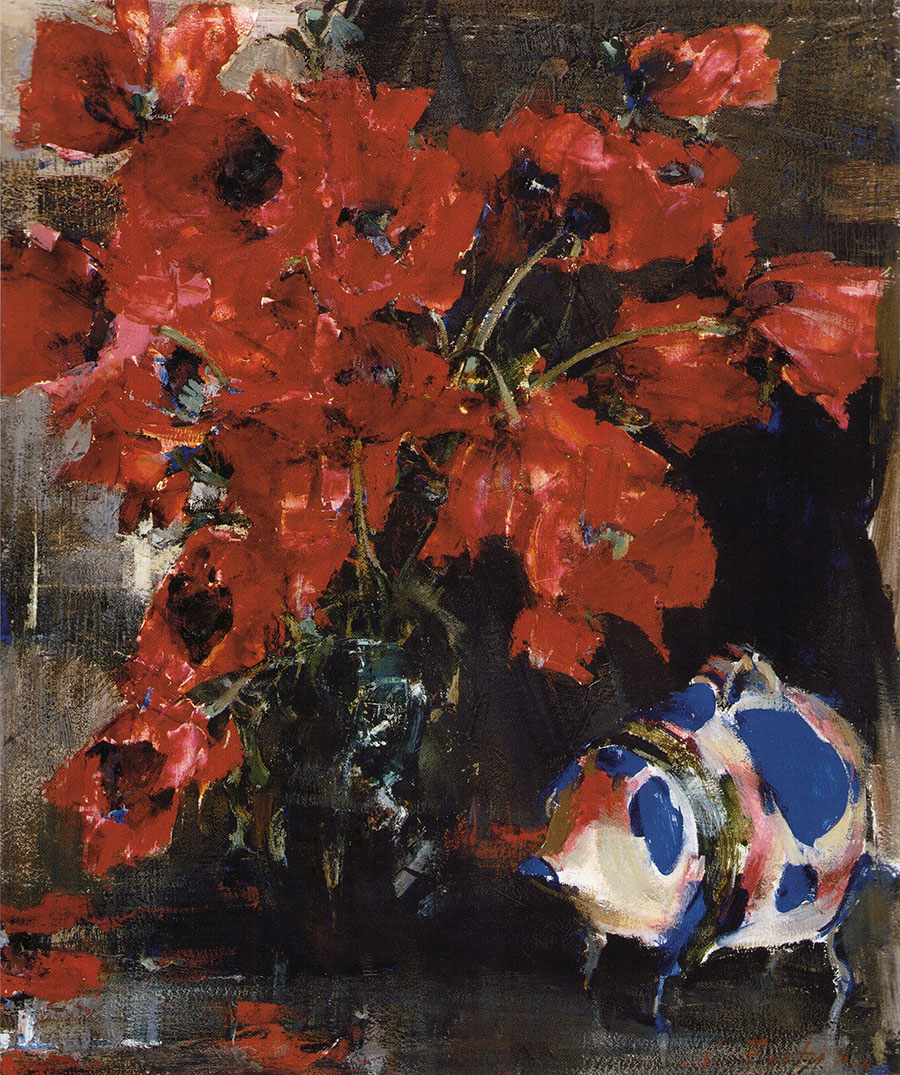 费欣油画静物作品：红色的花