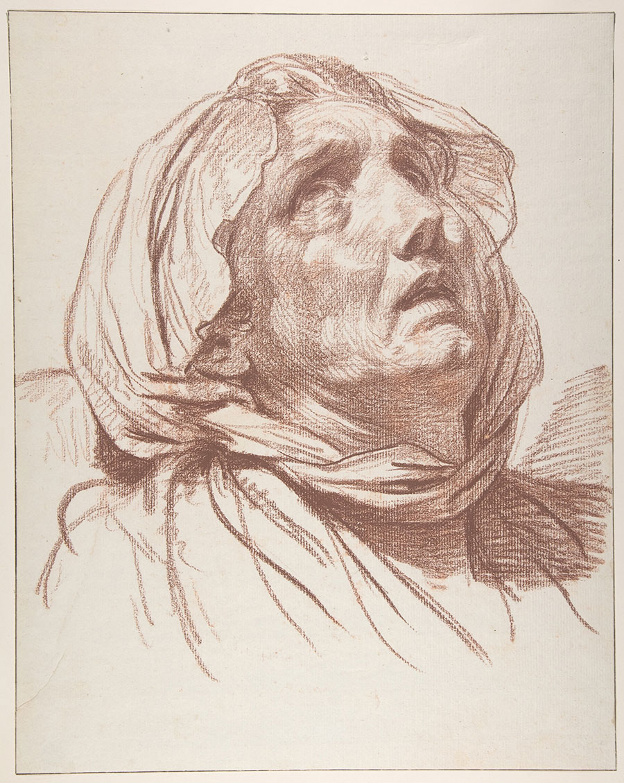 格勒兹素描作品: 向上看的老女人头像
