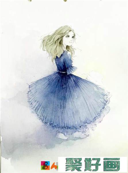 穿蓝纱裙的小姑娘水彩画