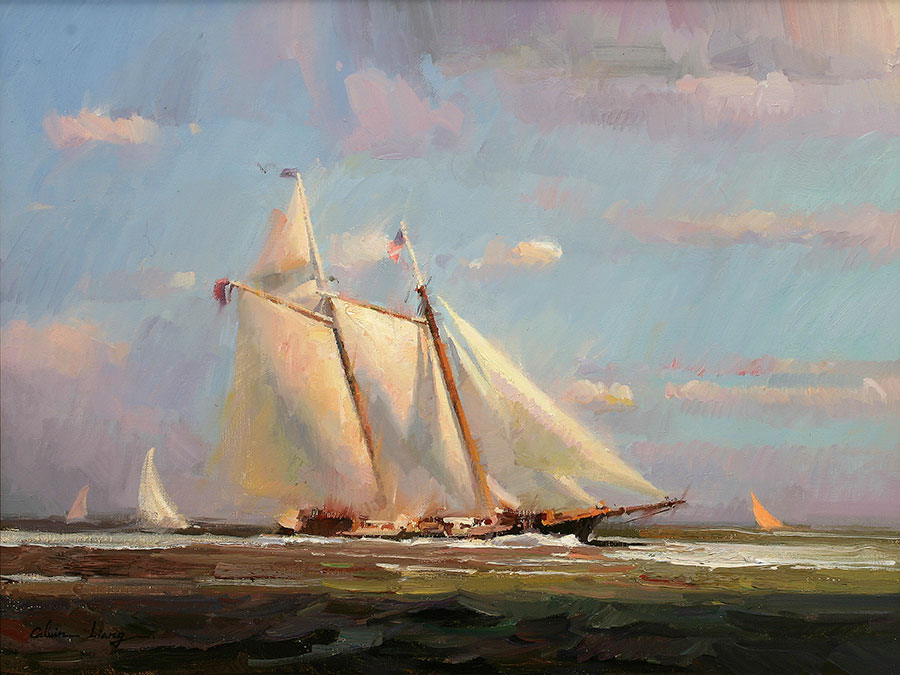 旅美油画家 梁革 calvin liang高清风景油画  海上的帆