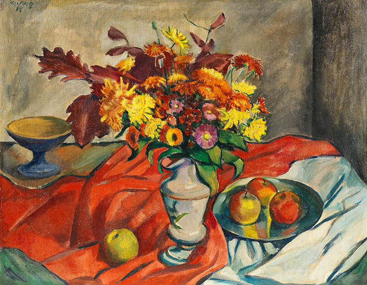 欧美抽象油画:GEORG TAPPERT-Stillleben mit Blumenvase und Apfeln 1918