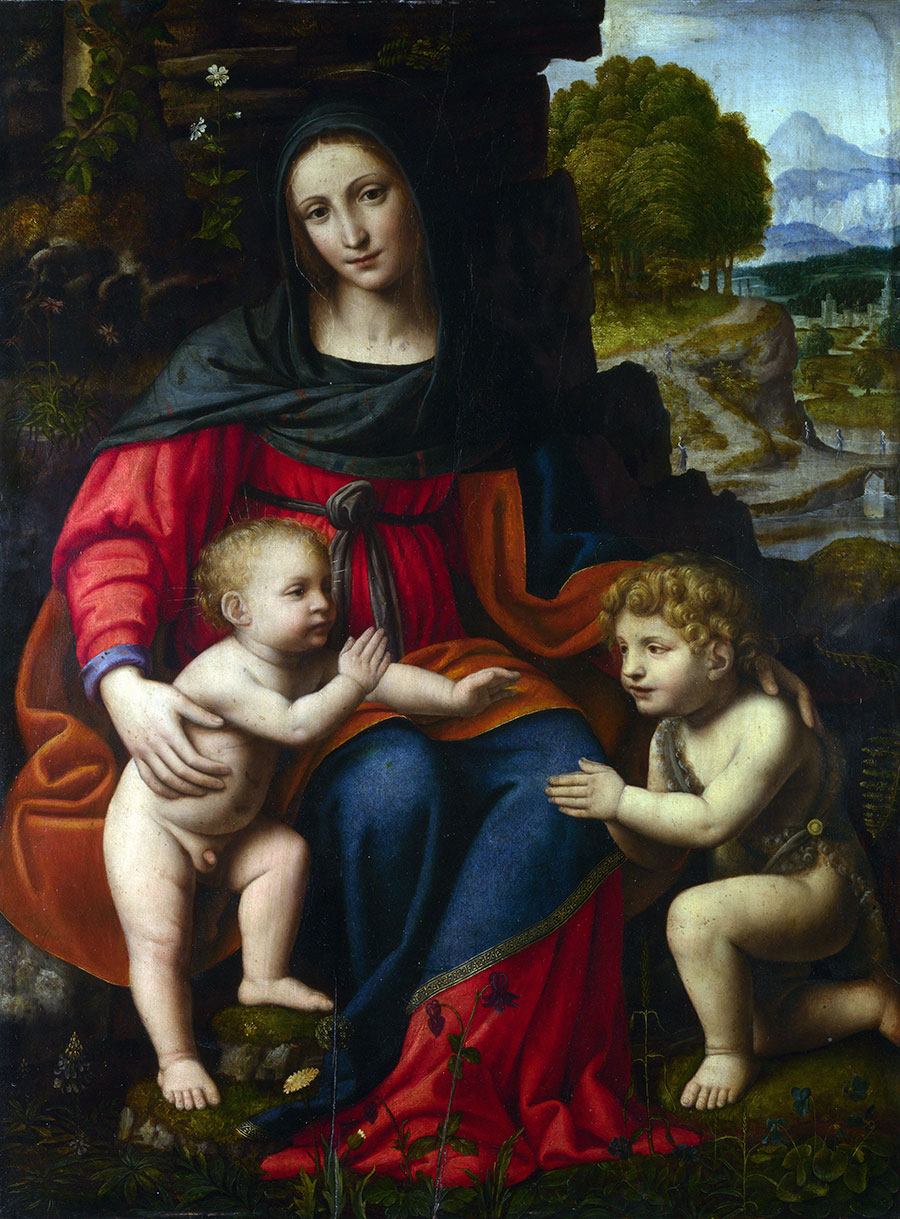 达芬奇作品: 圣母与两个婴儿玩耍 高清油画大图欣赏