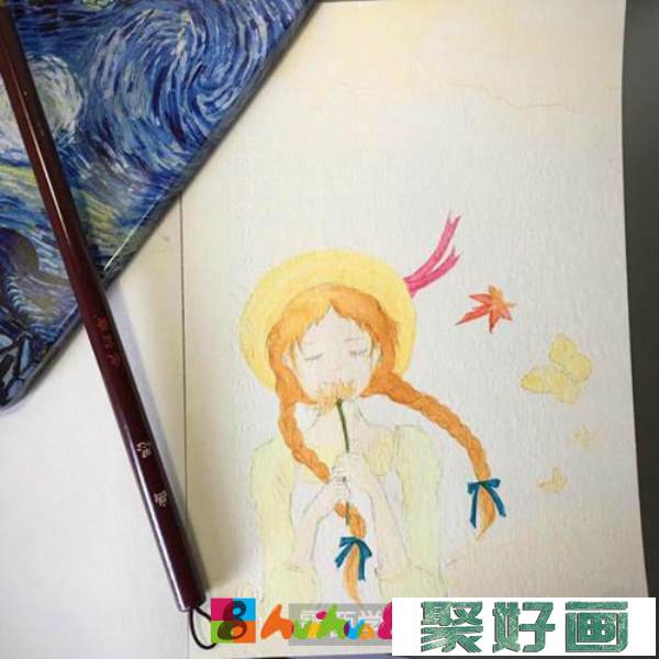 双麻花辫女孩水彩画