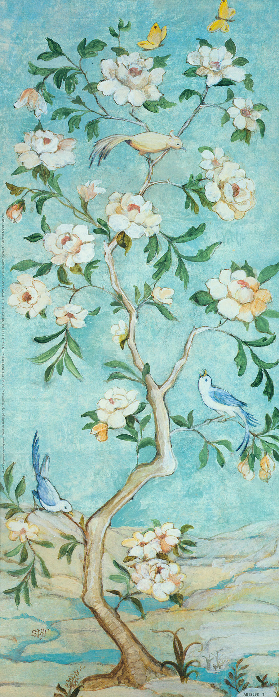 现代花鸟画素材: 蓝色背景的花开满树白 B