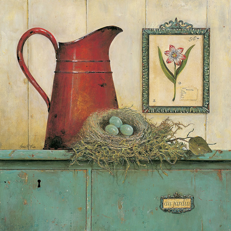 陶罐静物画: 桌子上的鸟巢和罐子
