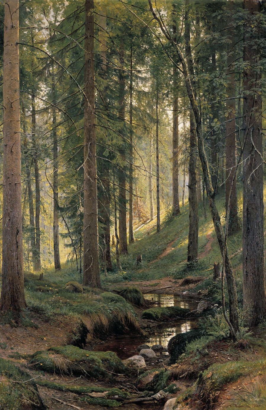 希施金高清风景油画作品  松树林里的小溪  大图下载