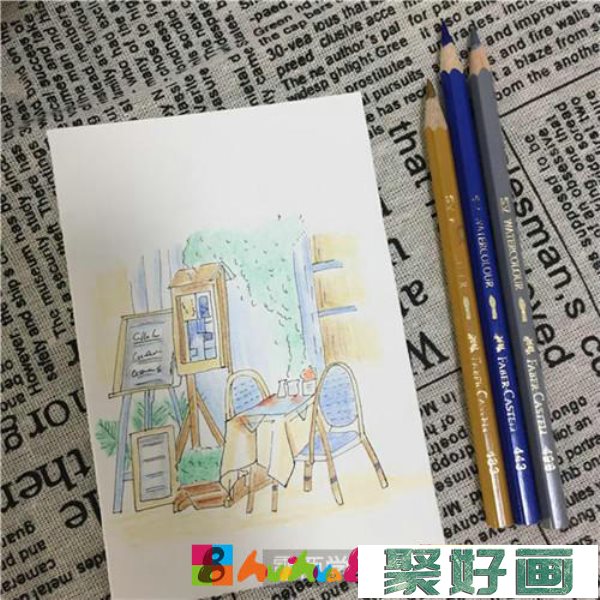 咖啡馆一角彩铅画