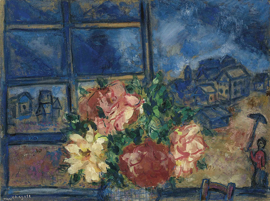 夏加尔油画作品: 窗边盛开的红花  高清图片素材下载
