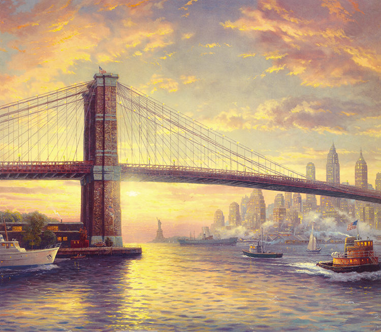 thomas kinkade 作品 早晨的纽约布鲁克林大桥 高清油画大图下载