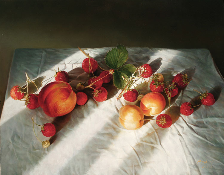 超写实静物油画素材: 山莓和桃子
