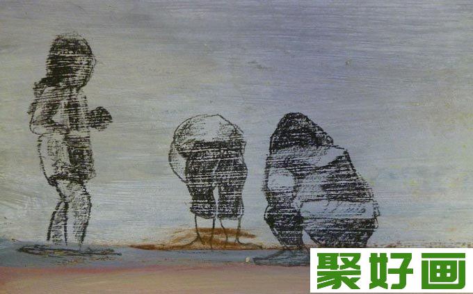 白色岩石+丙烯酸+油画棒混合颜料画风景画08