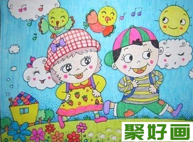 儿童春游水彩画