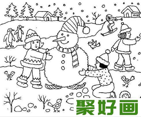 冬天雪景简笔画作品欣赏