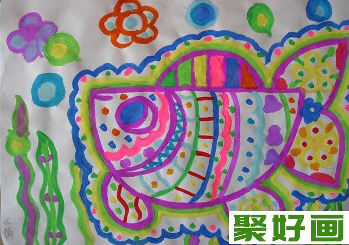 鱼的儿童水粉画：鱼儿鱼儿水中慢慢游（12）