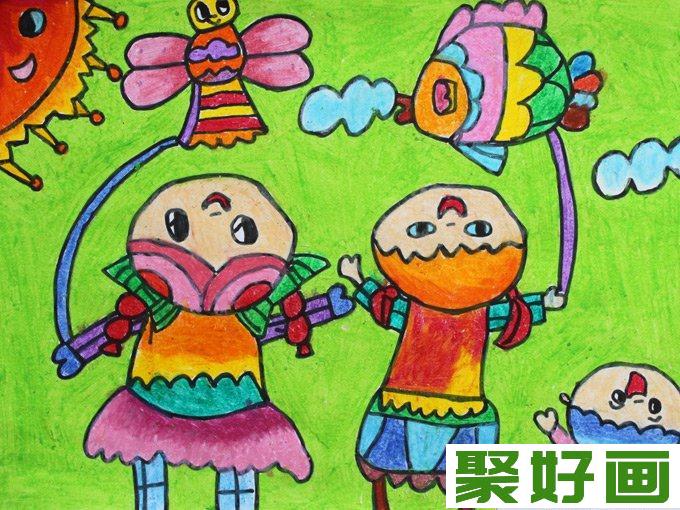 幼儿绘画作品图片：我们一起去放风筝