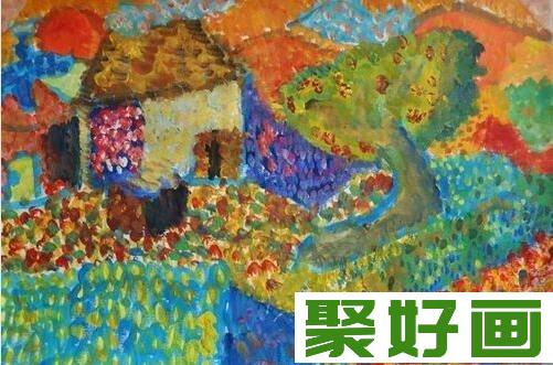 乡村风景儿童水粉画