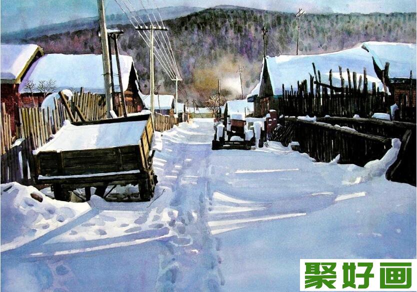 冬日雪景儿童水彩画作品欣赏