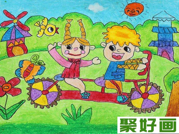 幼儿绘画作品图片：骑着自行车去春游