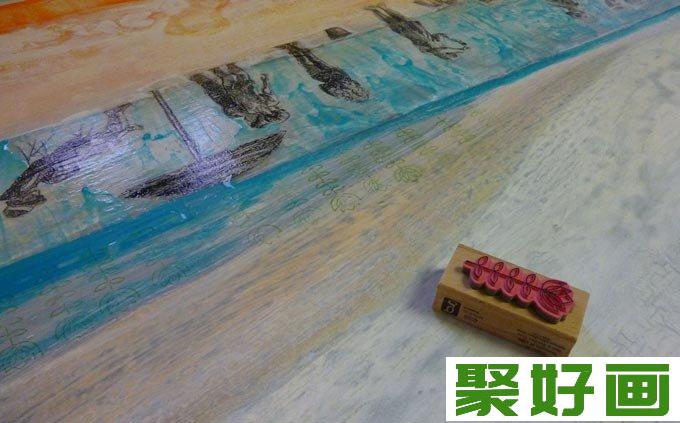 白色岩石+丙烯酸+油画棒混合颜料画风景画13