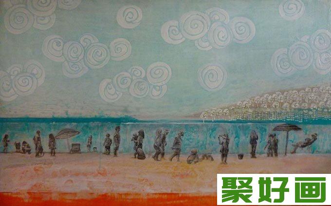 白色岩石+丙烯酸+油画棒混合颜料画风景画21