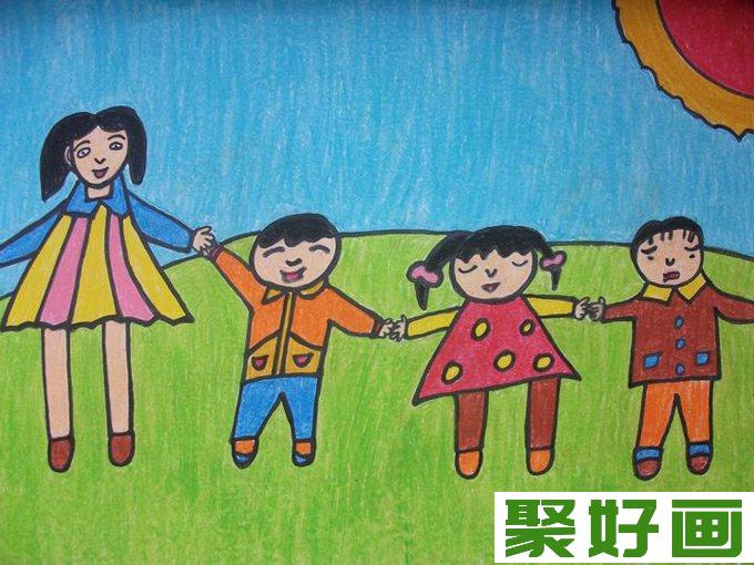 幼儿画画作品图片：我和姐姐妹妹在一起