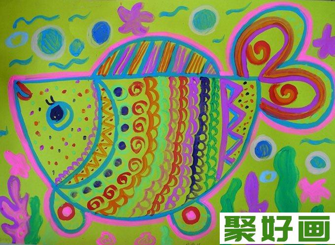 鱼的儿童水粉画：鱼儿鱼儿水中慢慢游（9）