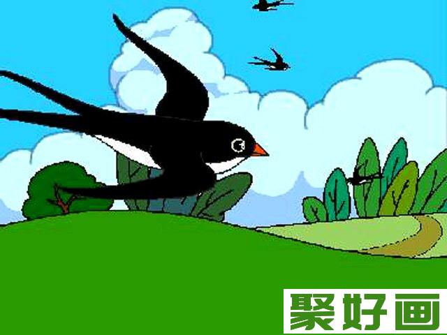 燕子、春天、绿草地的儿童画（三）