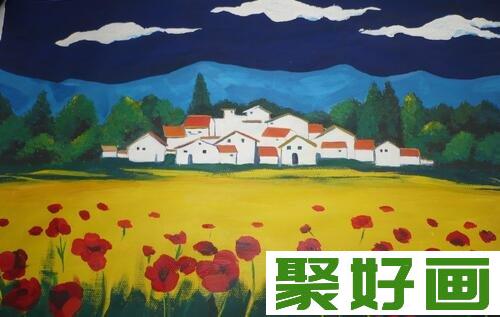 乡村风景儿童水粉画