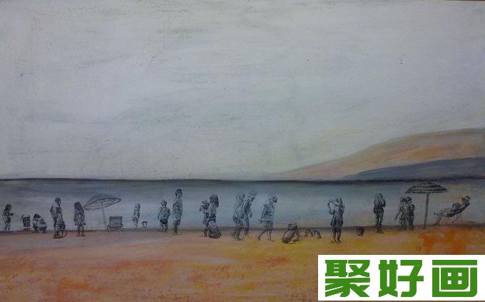 白色岩石+丙烯酸+油画棒混合颜料画风景画09