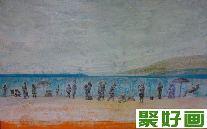 白色岩石+丙烯酸+油画棒混合颜料画风景画14