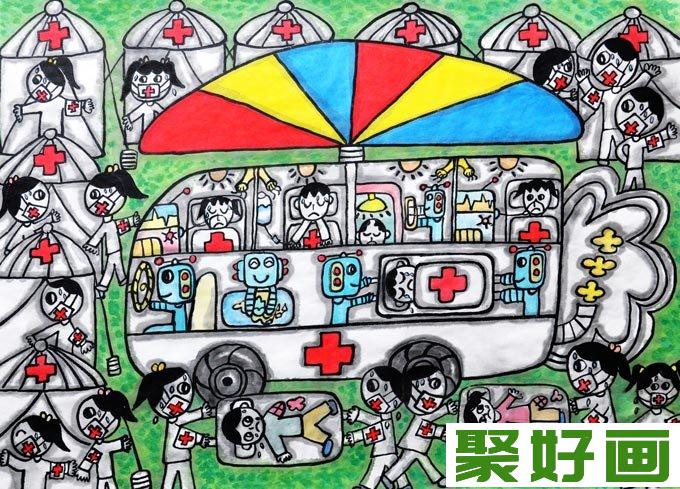 小学生科幻画一等奖:交通工具科幻画《灾难救助飞行车》