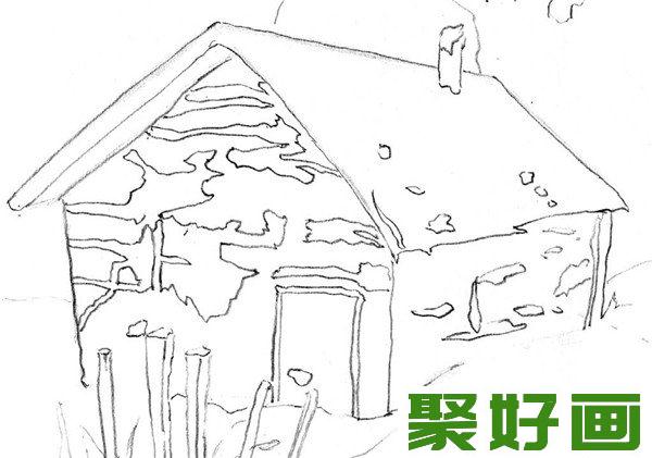 素描 后院雪景 小屋