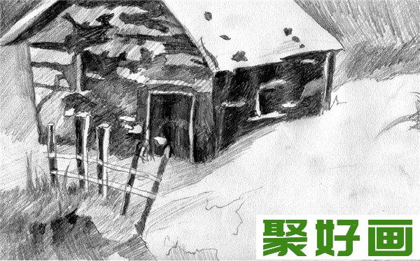 素描 后院小屋雪景