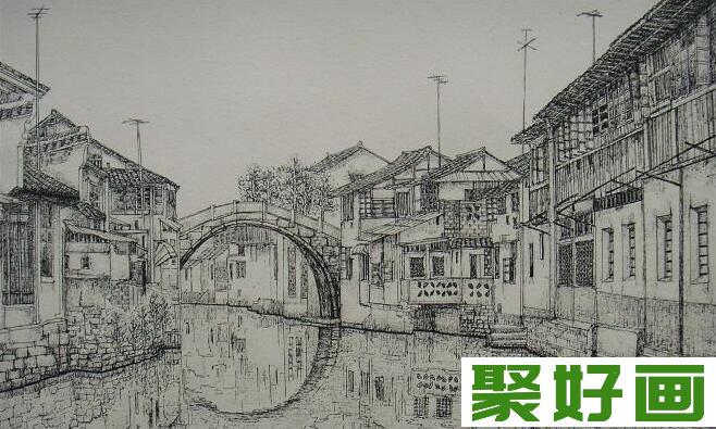 江南古镇小桥素描作品