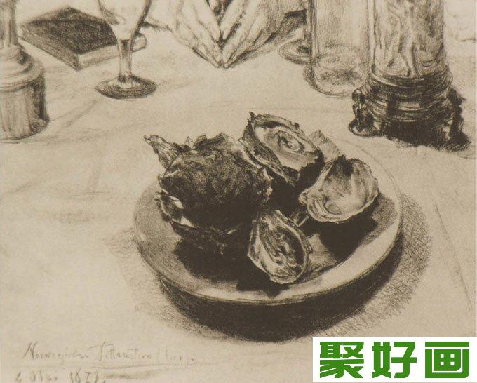 大师门采尔静物素描作品欣赏大全-《餐桌杯子食物》高清大图