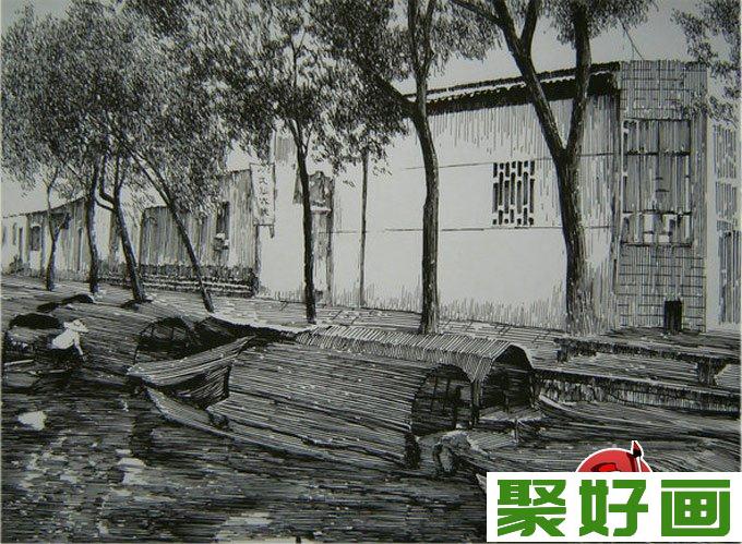 三幅钢笔画佳作欣赏:江南风景小桥流水人家3