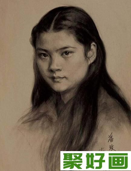 靳尚谊长发美女头像素描作品