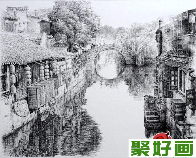 风景<a href=../zhonglei/sumiaohua/ target=_blank class=infotextkey><a href=../zhonglei/sumiaohua/ target=_blank class=infotextkey>素描</a></a>作品图片：江南小桥流水人家