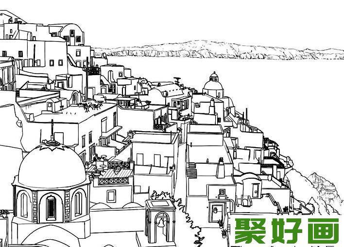 钢笔风景<a href=../zhonglei/sumiaohua/suxie/ target=_blank class=infotextkey><a href=../zhonglei/sumiaohua/suxie/ target=_blank class=infotextkey>速写</a></a>作品，希腊爱琴海海边风景线描速写图